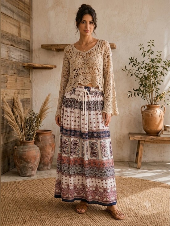 Mlle Gabrielle Dresses & Skirts - Mlle Gabrielle Boho Embellished Tiered Maxi Skirt XL Cottagecore Praire